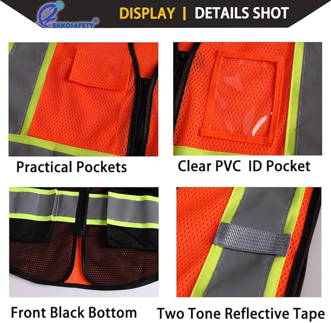 Safety Vest for Men Women Reflective with 5 Pockets and Zipper Front Mesh High Visibility Construction Vest Hi Vis Work Vest,Meets ANSI/ISEA Standards(EK175-Orangeblack-L)
