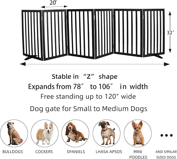 ZJSF Freestanding Indoor Dog Gate for House Foldable Wood Puppy Gate for Doorways Pet Gate for Stairs Extra Wide Pet Fence, Black, 32" Height 6 Panels