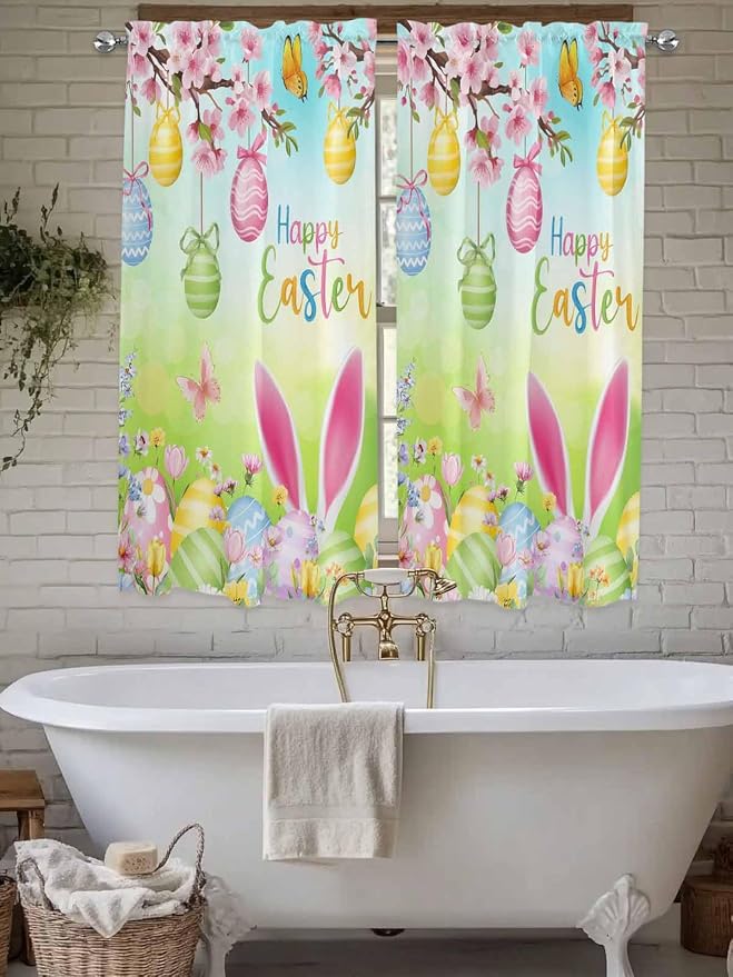 Easter Bedroom Curtains 63 Inches length, Spring Bunny Colorful Rabbit Eggs