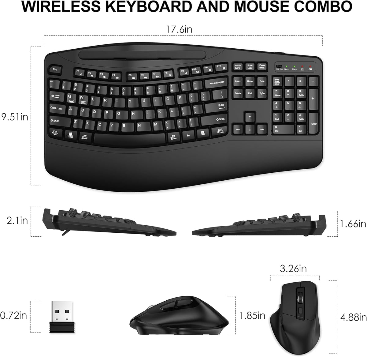 Wireless Keyboard and Mouse Combo, 2.4G Ergonomic Wave Keys(Black)