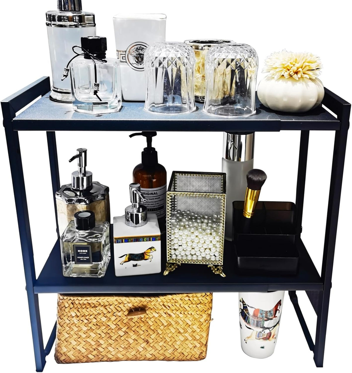 2 Tier Expandable Shelf 7.9"D Adjustable Countertop Riser Metal Black