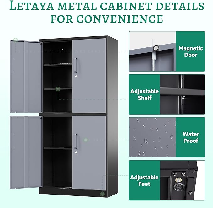 Letaya Metal Storage Cabinets with Lock Door and Shelves, Steel Garage Tool Cabinets for Home,Office, Warehouse,Lockers(71"-Black Gray)
