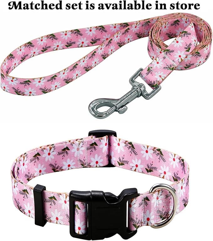 Dog Collar with Bohemia Floral Tribal Geometric Patterns - Soft Ethnic Style Collar Adjustable for Small Medium Large Dogs (Pink White Flower,M)