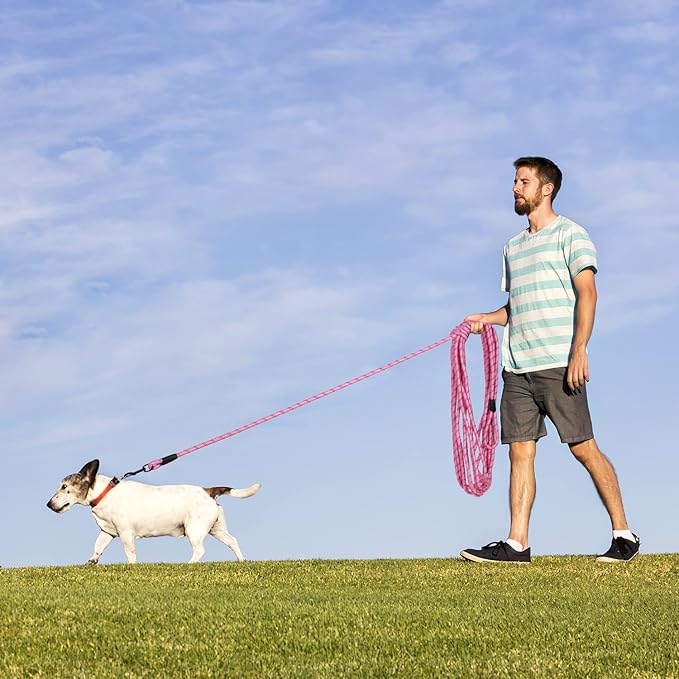 Long Dog Leash for Training 20Ft-Reflective Nylon Rope with Swivel Hook-Recall Agility Lead for Large Small Medium Dogs Outside Walking Hiking-Pink Diam 1/2"