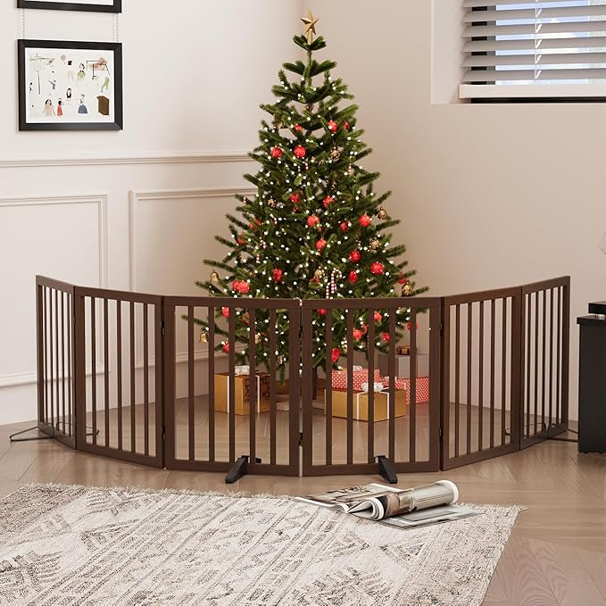 Dog Gates for Doorways, Freestanding Dog Gate Indoor, Foldable Pet Gates for Doorways Bedroom, Puppy Gate with Metal Support Feet, Room Divider 6 Panels (Dark Walnut)