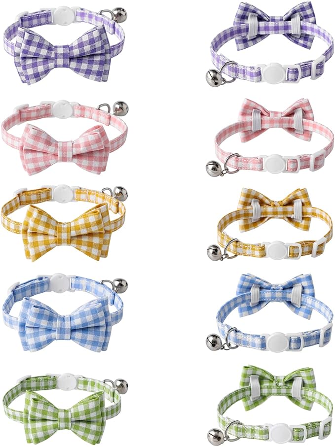 AIITLE Breakaway Cat Collar with Cute Bow Tie and Bell, Detachable Adjustable Safety Collars for Girl Cats and Boy Cats, Kittens, Puppy, Soft Stylish Plaid Patterns Cat Collars,Green