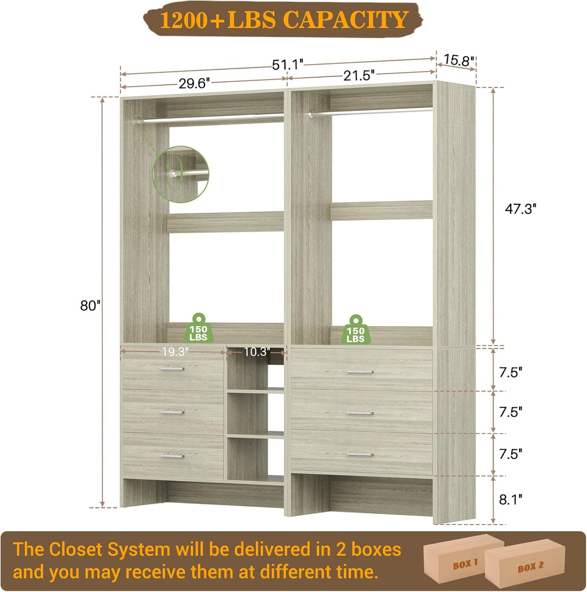 Aheaplus Closet System with 6 Drawers, 4.3ft, Set of 2, White Oak