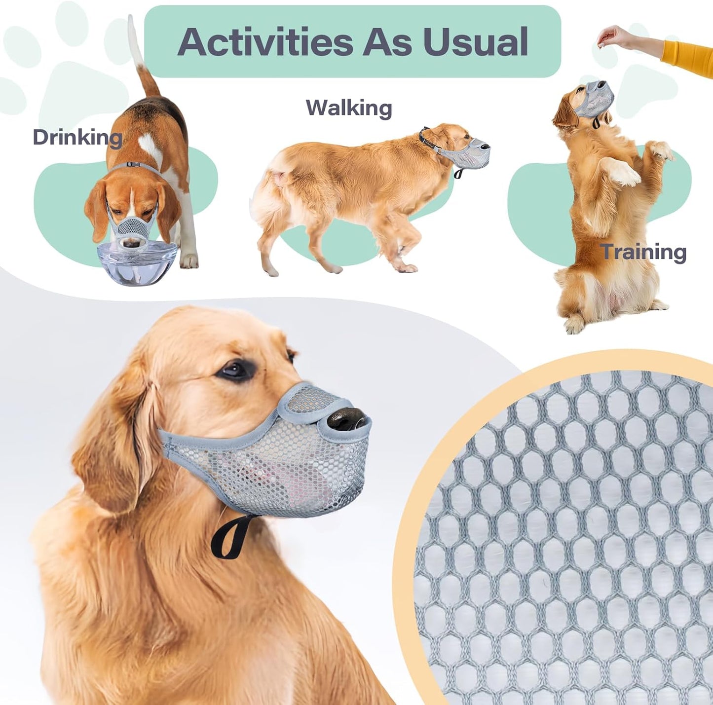 LUCKYPAW Dog Muzzle for Large Medium Small Dogs, Patented Mesh Muzzle to Prevent Biting Chewing Eating, Soft Mouth Guard with Front Opening Design for Drinking Panting(Grey, S)