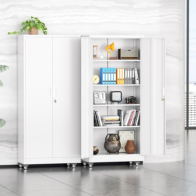 Superday Garage Storage Cabinet with Wheels,73" H Metal Storage Cabinet with Doors and Adjustable Shelves, Lockable Steel Utility Tool Cabinets for Garage, Home Office, Kitchen(White)