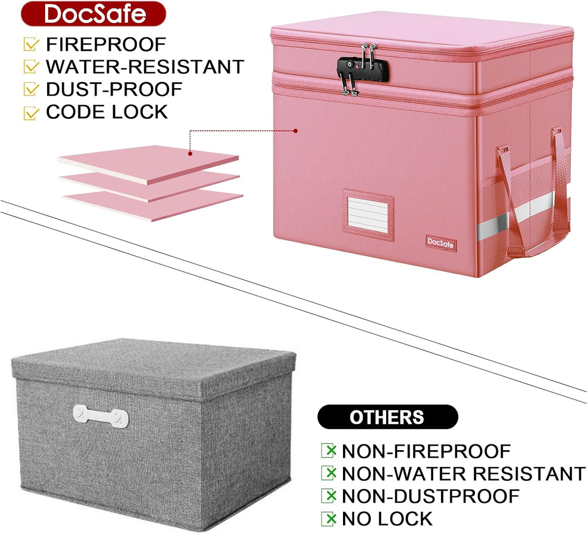 DocSafe File Box with Lock,Multi-Layer Fireproof Document Box Collapsible File Storage Organizer with Pockets/Handle,Large Portable Home Office Filing Safe for Hanging Letter/Legal Size Folders,Pink