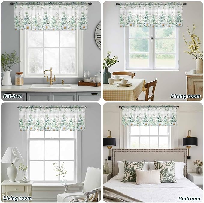 Eucalyptus Leaves Daisy Sheer Valance Curtains, Summer Farmhouses Gray Plaid