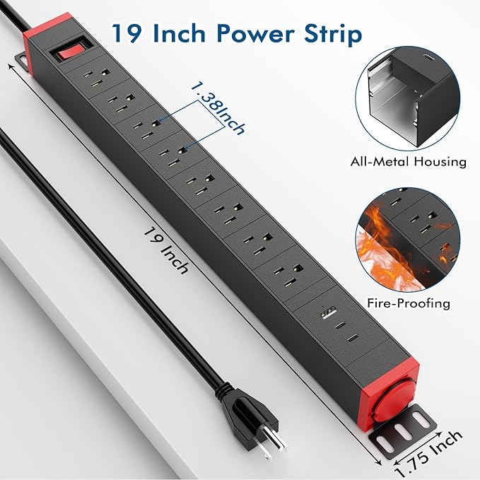 360° Rotating Mountable Power Strip with USB Ports, 8 Outlet Surge Protector Power Strips Wall Mount, Metal Heavy Duty Versatile Outlet with 6FT Power Cord,For Home Office Industrial Garage Commercial