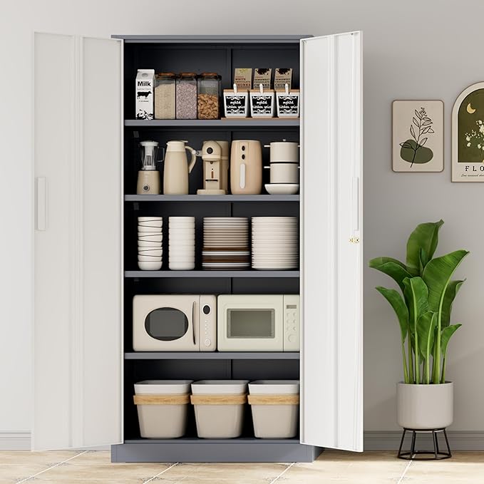 INTERGREAT Metal Storage Cabinet, 72" H Lockable Steel Cabinets with Locking Doors, Storage Locker with Adjustable Shelves for Office, Home, Garage, Gym, School (White Grey)