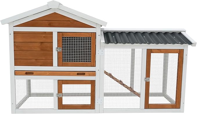 58-Inch Solid Wood Hutch/Cage for Indoor & Outdoor Use with Waterproof Roof – Suitable for Rabbits, Small Rodents & Pets, 2-Tier Design with Stairs and Removable Pull-Out Cleaning Tray(41314)