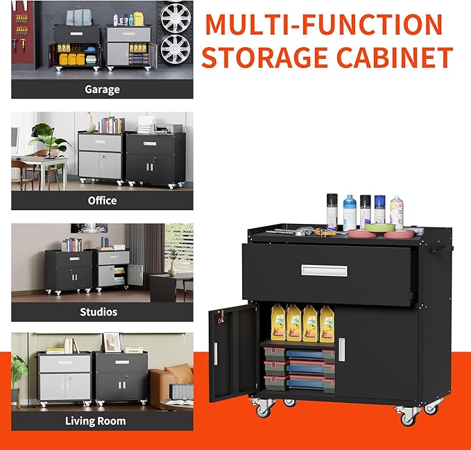 Metal Garage Storage Cabinet with Wheels ,Rolling Toolbox with Lockable Drawer, Utility Cabinet for Home, Office, Garage and Workshop (Black)