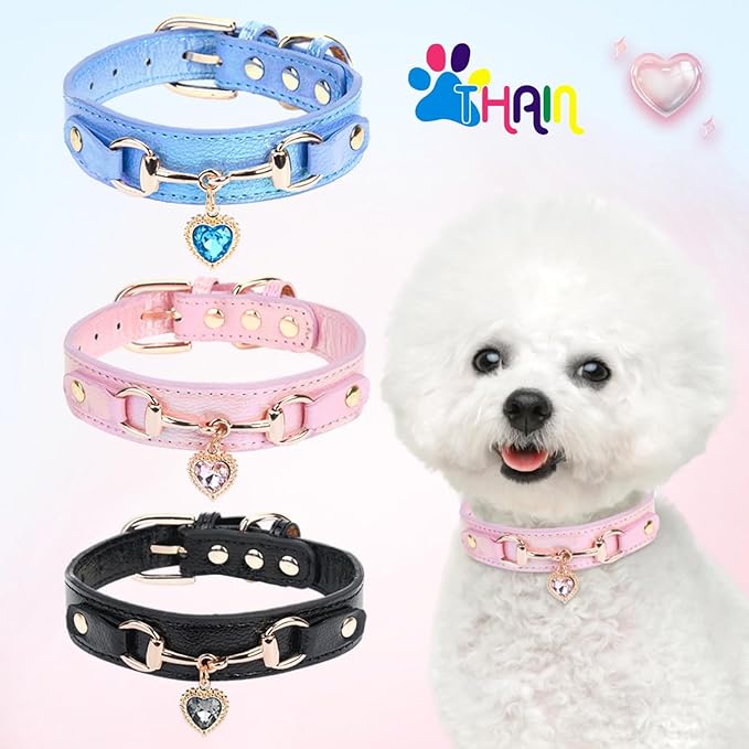 THAIN Fashion Dog Collar with Bling Diamonds & Heart Charm – 5 Holes Adjustable PU Leather Rhinestones Necklace Collar, Gold Buckle for Small Dogs Girl boy (Black, XS)