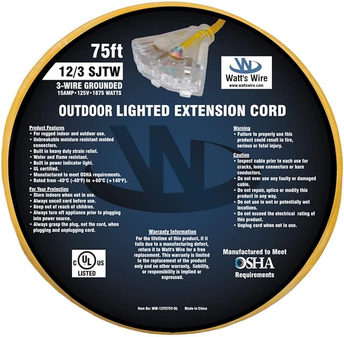 75 ft Outdoor Extension Cord Waterproof - 12 Gauge Heavy Duty Extension Cord 75 ft - Lighted Outdoor Extension Cords with Multiple Outlets - Watts Wire - 75' Grounded - extensiones electricas