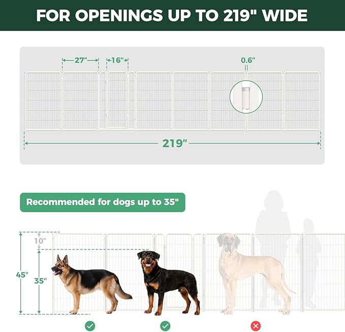 FXW Dog Gate Extra Wide Designed for Indoor Use, Adjustable Width Up to 219-inch Wide (45" H 8 Wire Panels for Large Dogs), White