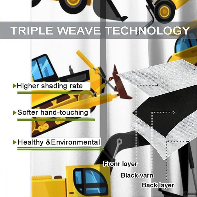 Kids Construction Equipment Window Curtains, Excavator Tractor Tow Truck Rod