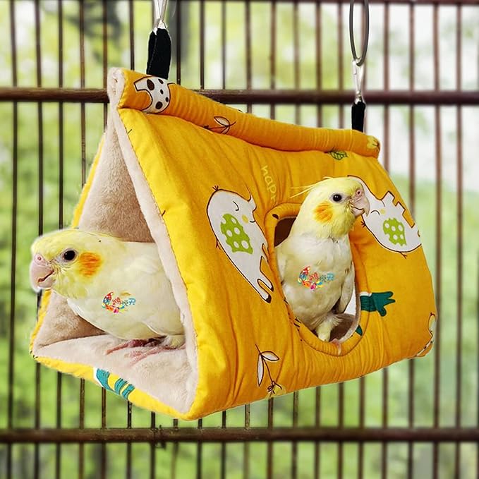 Rypet Winter Warm Bird Nest House - Hanging Hammock Velvet Shed Hut Cage Plush Fluffy Birds Hideaway Sleeping Bed Fuzzy for African Grey Cockatoo and Other Amazon Parrot Large(Yellow)