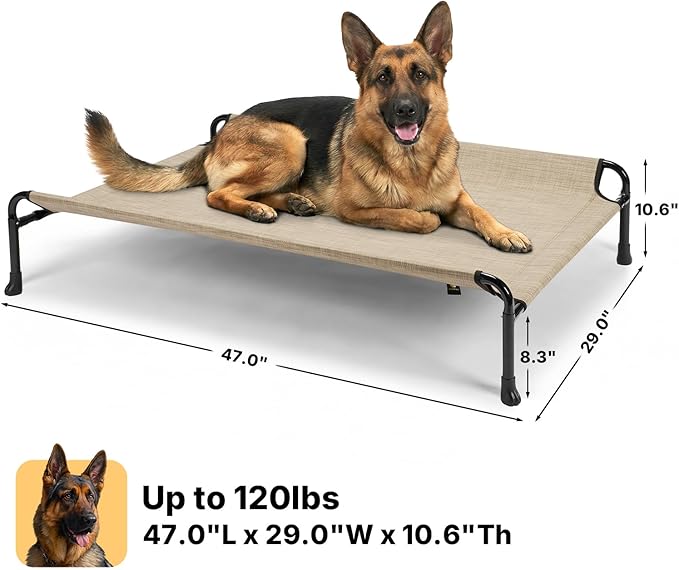 Veehoo Outdoor Dog Bed, Raised Dog Beds for Large Dogs, Elevated Dog Bed with Headrest, Washable Cooling Pet Cot with Non-Skid Feet, Breathable Mesh, Pet Hammock for Indoor or Camping, 47", Beige