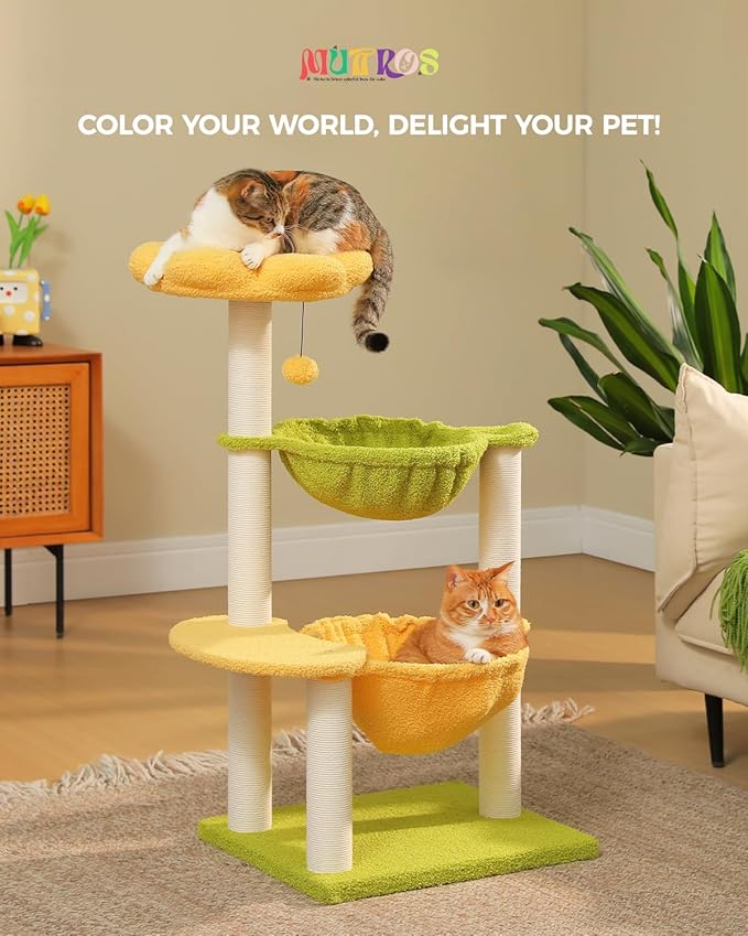 Flower Cat Tree with 2 Large Hammocks, 37.4" Small Cat Tower for Indoor Kitty with 6 Scratching Posts, Cute Cat Tree with Flower Top Perch, Yellow