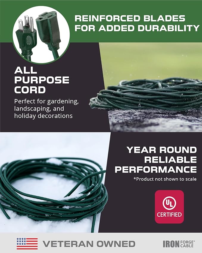 Iron Forge Cable 2 Pack Weatherproof 6 Ft Outdoor Extension Cord - 16/3 SJTW Heavy Duty Green Extension Cord 3 Prong - 13 Amp Exterior Power Cable