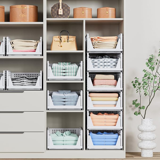 4 Pack Stackable Closet Storage Basket - Stackable Storage Bins, Multifunctional & Foldable Closet Organizer Divided, Wardrobe Cupboard Space-Saving Clothes Storage Hat Organizer, White