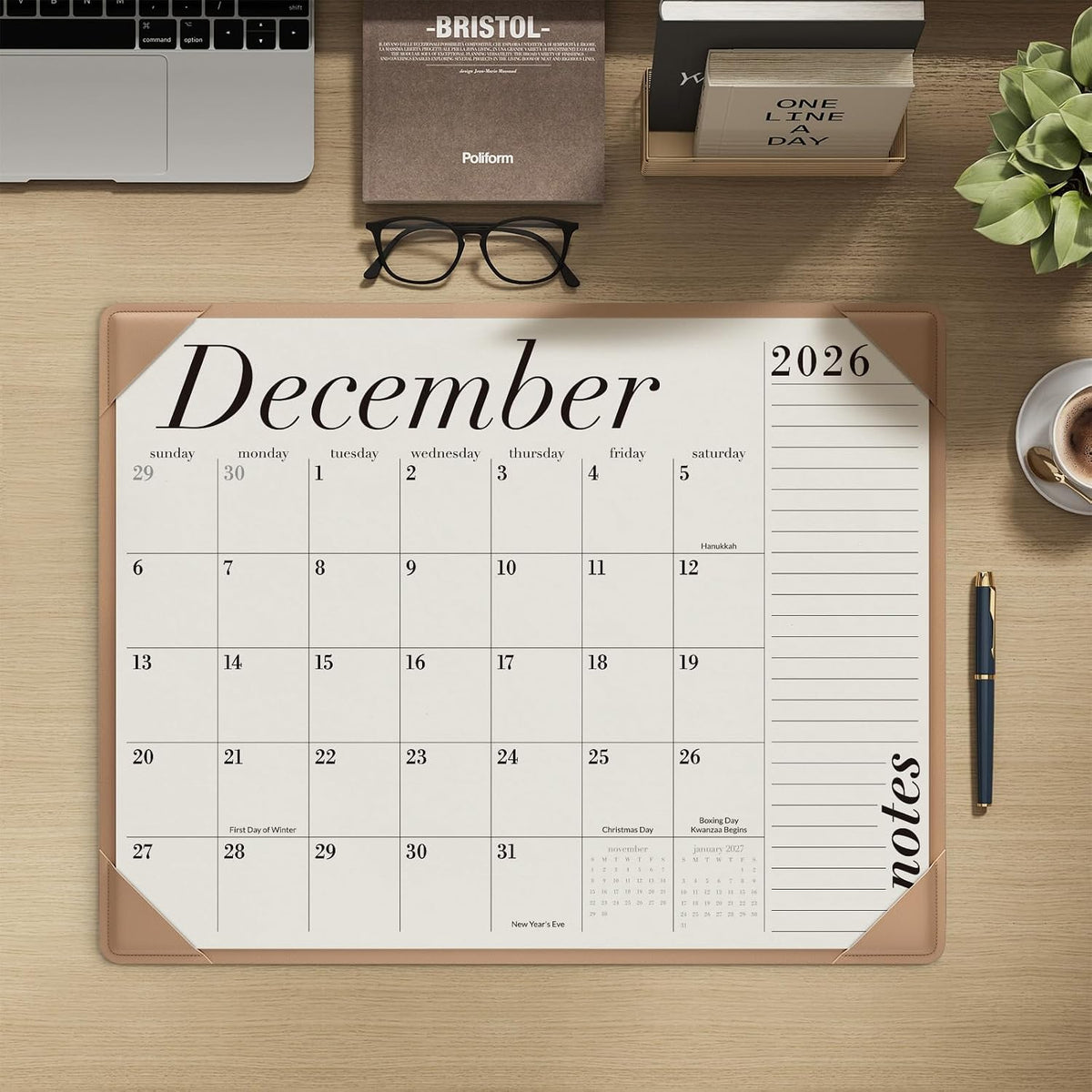 Jotsome Large Desk Calendar 2026-2027 with Protective Mat 22"x17"