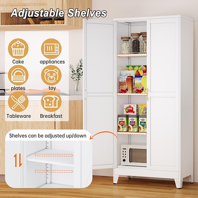 Metal Pantry Cabinet with 2 Doors and Adjustable Shelves - 61" Kitchen Storage Cabinet with Gold Handles - Versatile Storage for Kitchen, Bathroom, Dining Room, Utility Room - White