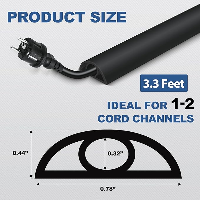 Floor Cord Cover for Wires on Floor Self Adhesive Cord Hider Floor Cable Management Wire Covers for Cords Protector Prevent Cable Trips Cord Cavity W 0.32" x H 0.32", Black, 3.3Ft