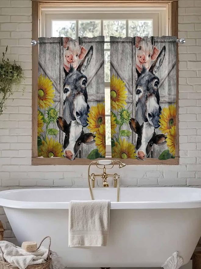 Farmhouse Kitchen Curtains 54 Inches Length, Vintage Sunflowers Animals Printed