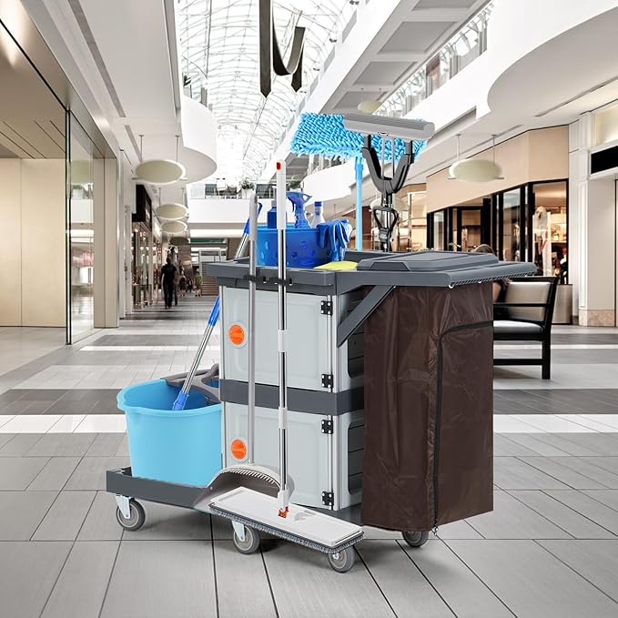 Commercial Janitorial Cart, 3-Shelf Housekeeping Cleaning Cart with 2 Cabinet, Cover, Shelves, and Oxford Bag, Traditional Janitorial Cart for School Hotel Apartment