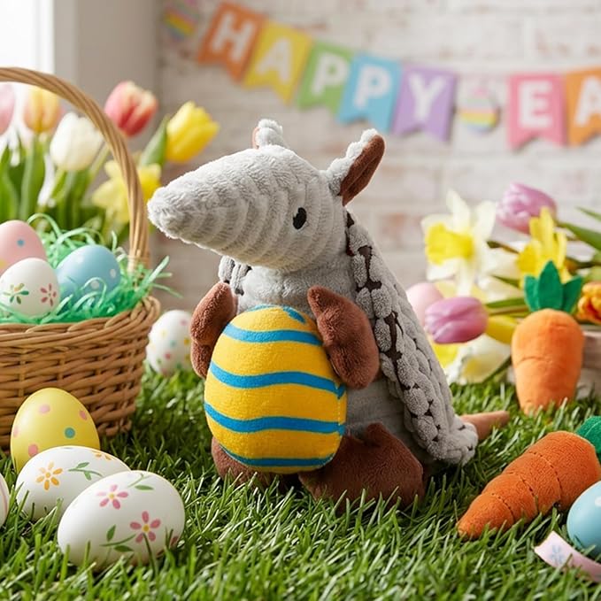 Hollypet Plush Dog Squeaky Toy Stuffed Armadillo Animal Pet Puppy Chew Toys with Clean Teeth for Small Medium Large All Breed Sizes Dogs, Gray, 8 in, Yellow Easter Egg with Blue Stripes