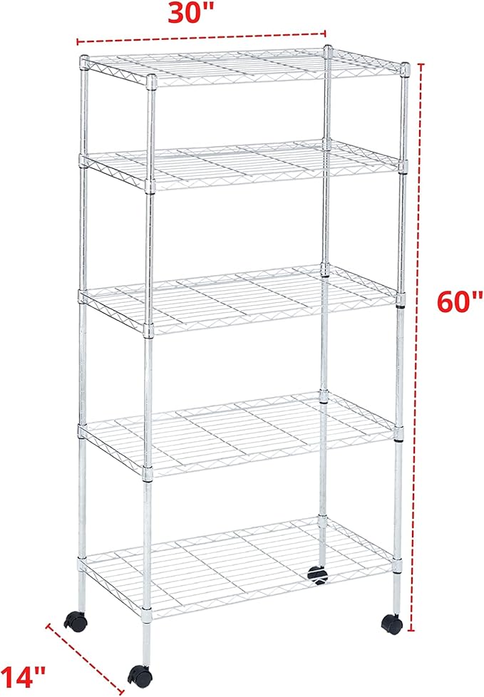 Displays By Jack 5 Tier Heavy Duty Wire Shelving Unit Storage Rack for Products Plant Pantry, Garage, Laundry Racks Durable Shelf Organizer Shelves Stand 14" W x 30" L x 60" H, Chrome