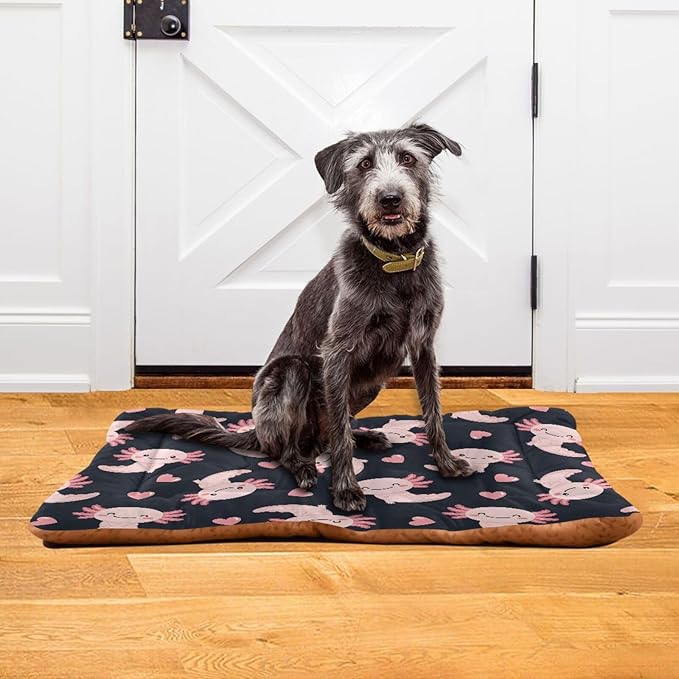 Emelivor Cute Axolotl Heart Black Dog Cat Bed Washable Crate Pet Bed Anti-Slip Comfortable Puppy Kennel Bed for Medium Large Small Dogs Cats, 24x18in