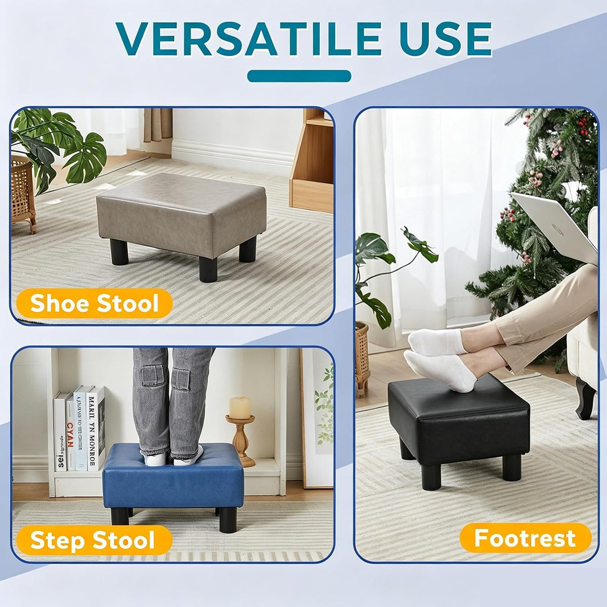 Small Foot Stool Ottoman, Faux Leather Footstool Ottoman Foot Rest for Couch, Rectangle Footstools and Ottomans Small for Living Room, Entryway and Bedroom (Black)