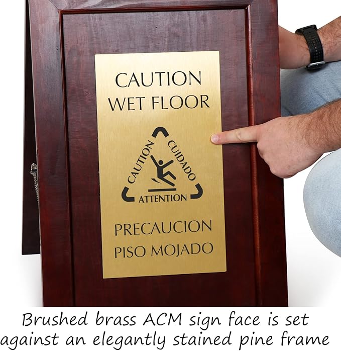 SmartSign (2-Pack) Premium Bilingual "Caution Wet Floor" Wooden A-Frame Standing Floor Sign with Symbol, 2-Sided, 24" x 15", Hardwood Pine Frame, 120 mil Brass ACM Sign Face, Black on Gold, USA-Made