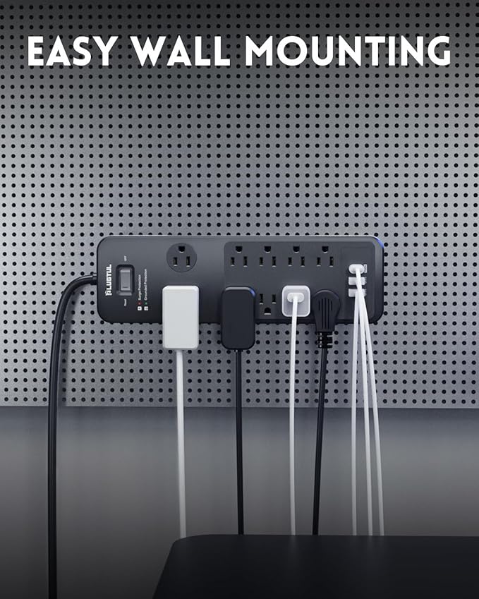 Surge Protector Power Strip 20FT, PLUGTUL Surge Protector with 10 Outlets - Spacious Design for Large Plugs, Flat Plug, 20W USB C Charging for Home, Office, ETL Listed, 2040J