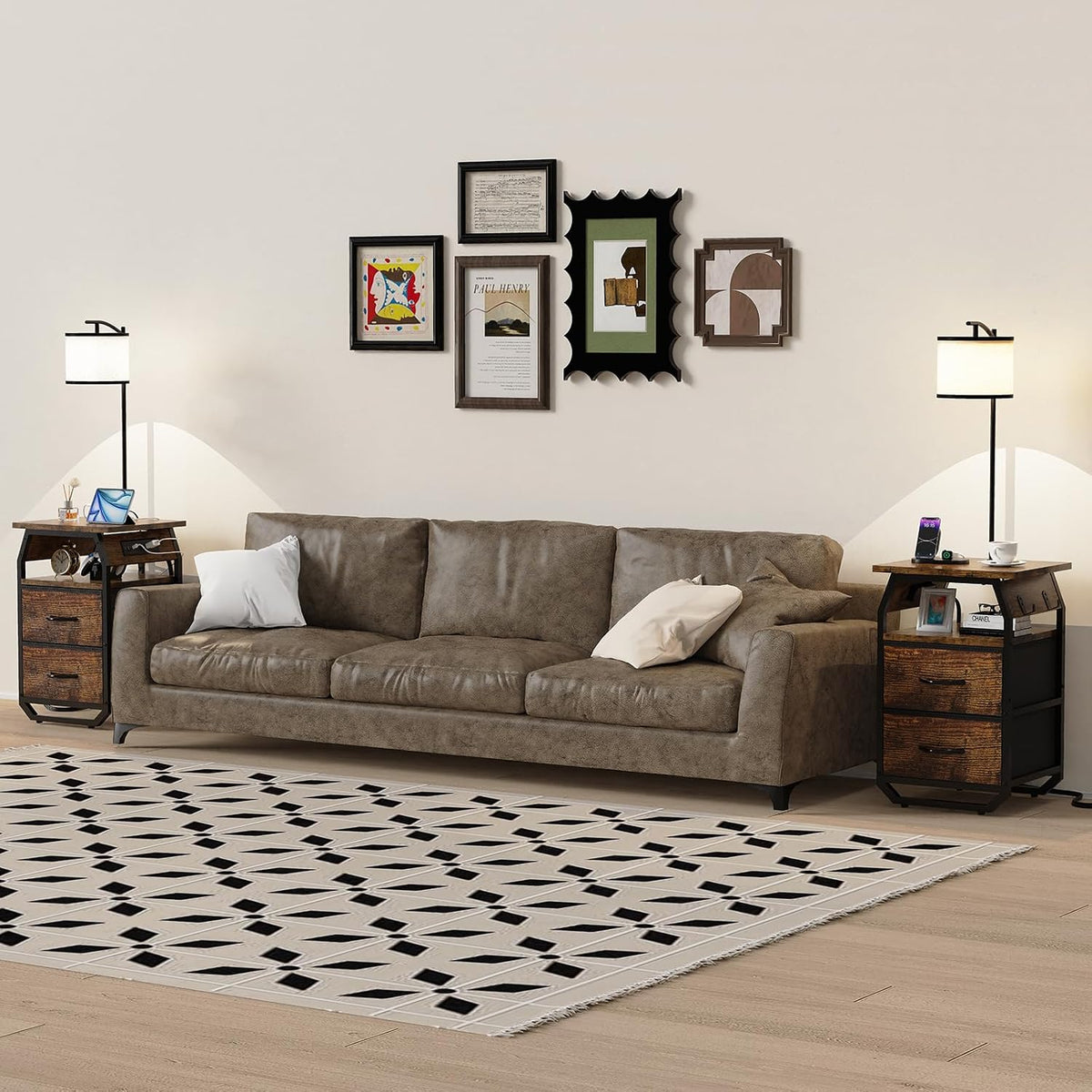 runjuly Floor Lamp with Table, End Table with Light and Charging, Rustic