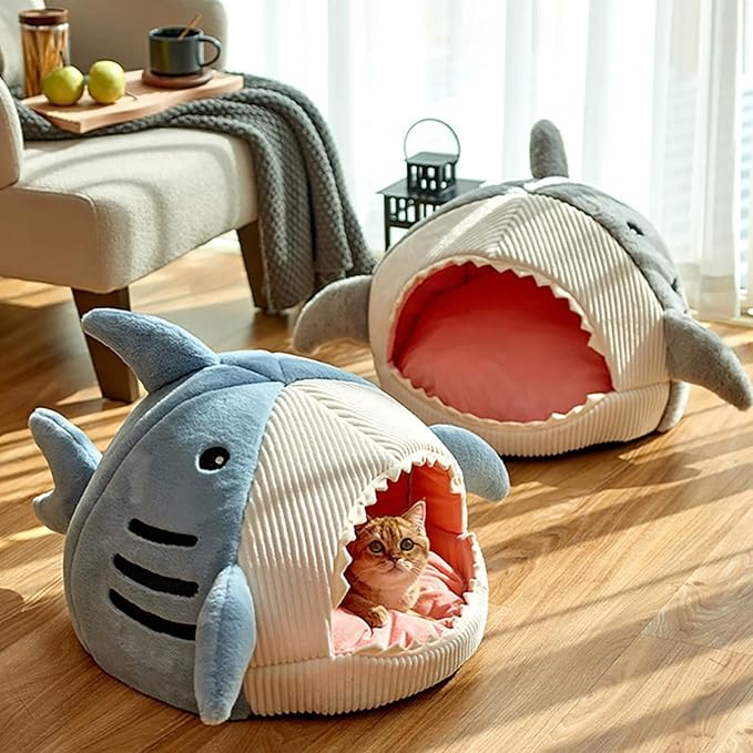Shark Cat House, Shark Shaped Kennel, Kitten Bed Hideout House, Covered Shark Head Shaped Indoor Pet Nest for Cat, Small Dogs (Grey, M(17 * 16 * 12.6 in))