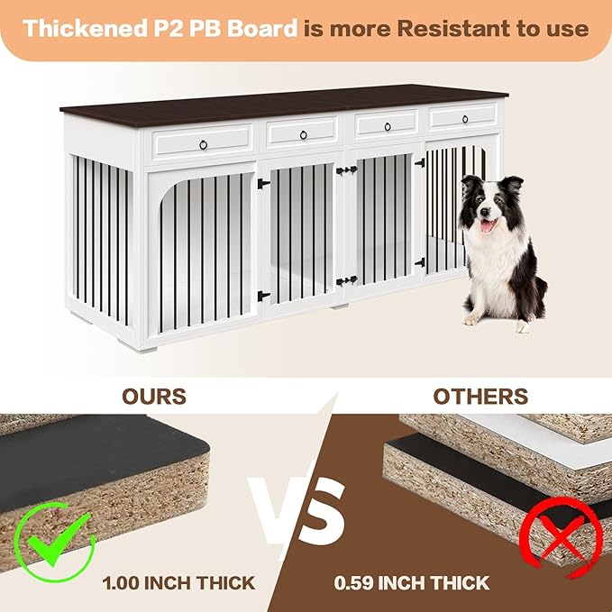 86.6" Extra Large Dog Crate Furniture for Large Breeds,XXXL Wooden Double Dog Crates Kennel Cage Furniture Style TV Stand Side End Table for 2 Dogs with Divider Locks and 4 Drawers,White