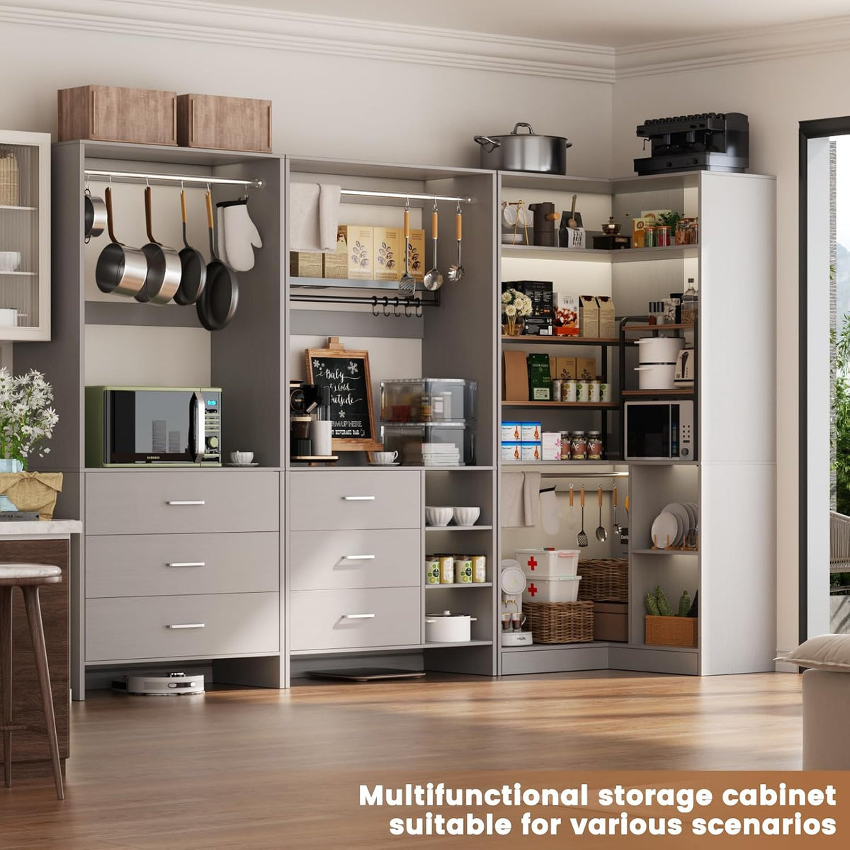 Aheaplus Closet System with 6 Drawers, 4 Hanging Rods & Corner Tower, Corner Closet System with Hanging, 84.6" L-Shaped Walk-In Wardrobe Organizer, 2000+ lbs Capacity, Set of 3, Grey