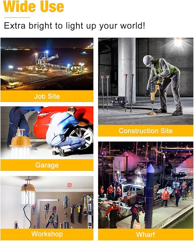 LED Temporary Work Light 100W with 15FT Cord, LED Construction Lights 12,000lm 5000K Daylight Stainless Steel Guard Portable Hanging Work Lighting Workshop Jobsite Light Outdoor
