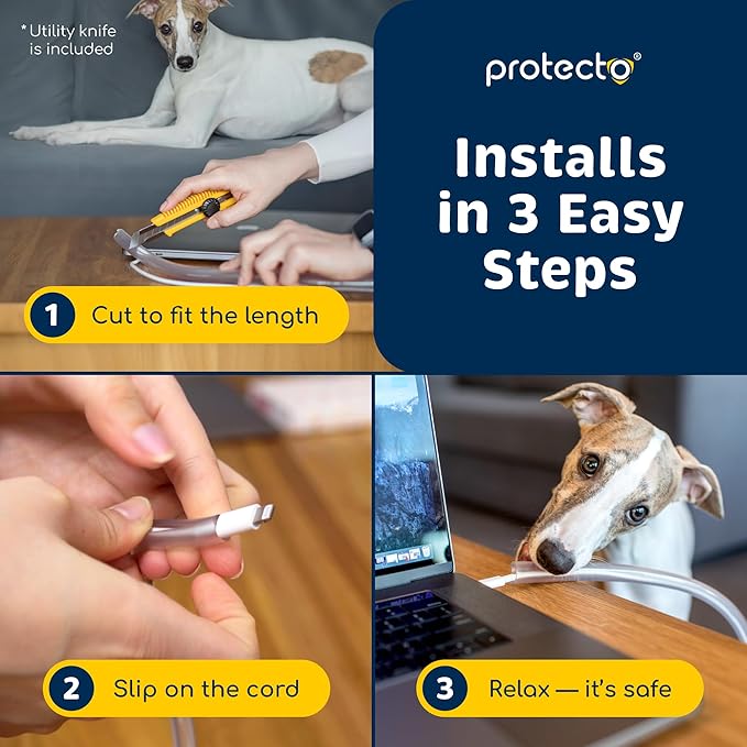 PROTECTO 2-Pack Heavy Duty Cord Protectors from Pets No Chew Solution, 10ft Easy to Use Dog & Cat Cord Protector, Clear & Odorless Critter Cord Cover for Pets, Power Audio Video Wire Protector Tubing