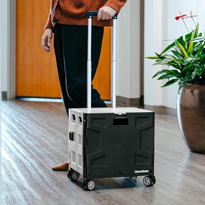CleverMade Collapsible Wheeled Crate with Lid, 4-Wheels - Swivel and Glide Rolling Crate with Handle and Double Wheels for Easy Transport and Versatile Use - 55L and 100lb Capacity, Cool Gray