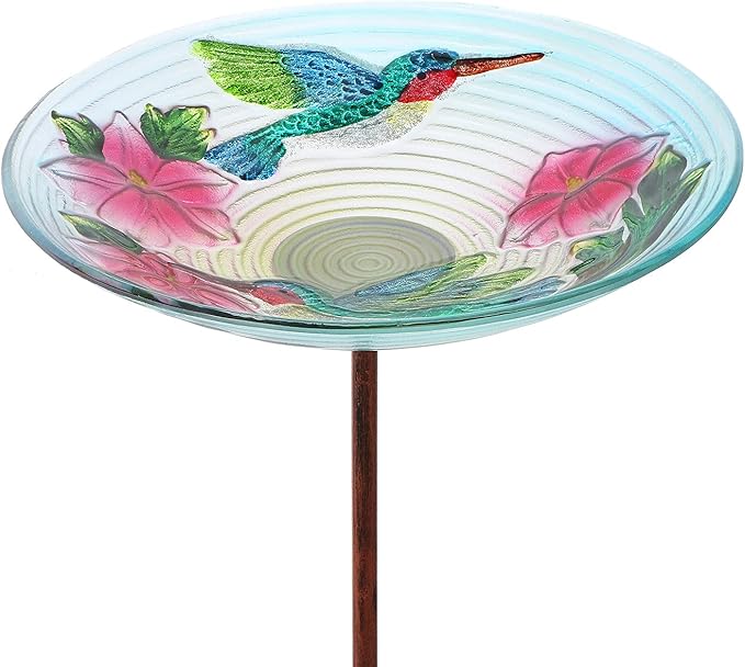 MUMTOP Glass Bird Bath, Garden Outdoor Birdbaths Birdfeeder with Metal Stake Hummingbird