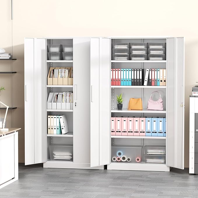 Greenvelly White Metal Storage Cabinet for Garage, 72” Steel Locking Cabinet with Doors and 4 Shelves, Tall Tool Organizer for Garage Systems Lockable File Storage for Home Office, Classroom