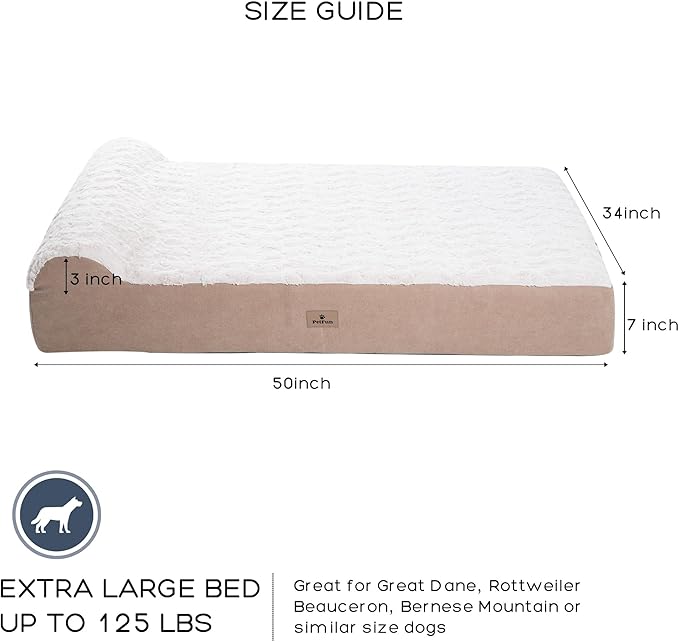 Jumbo Orthopedic Dog Bed for Large Dogs - 7-inch Thick Memory Foam Dog Bed with Pillow Removable Cover Machine Washable, Giant | 50 inch, Off-White