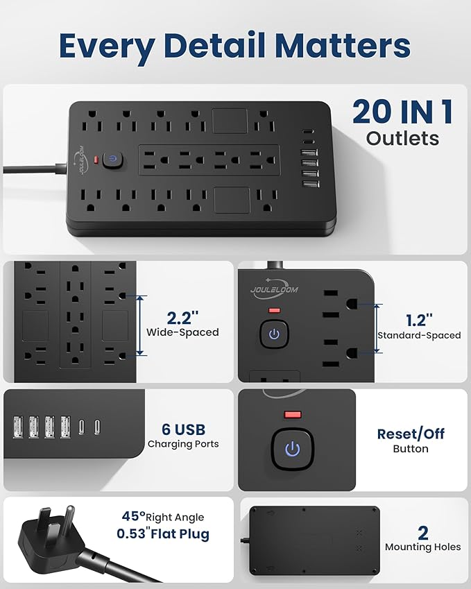Surge Protector Power Strip-14 Outlets and 6 USB Ports, 10 Feet Flat Plug Extension Cord, 1850 Joules, Black, ETL Listed for Home, Office, Dorm Room